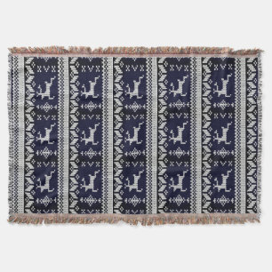 Navy and White Alpine Pattern Reindeer - Monogram Throw Blanket