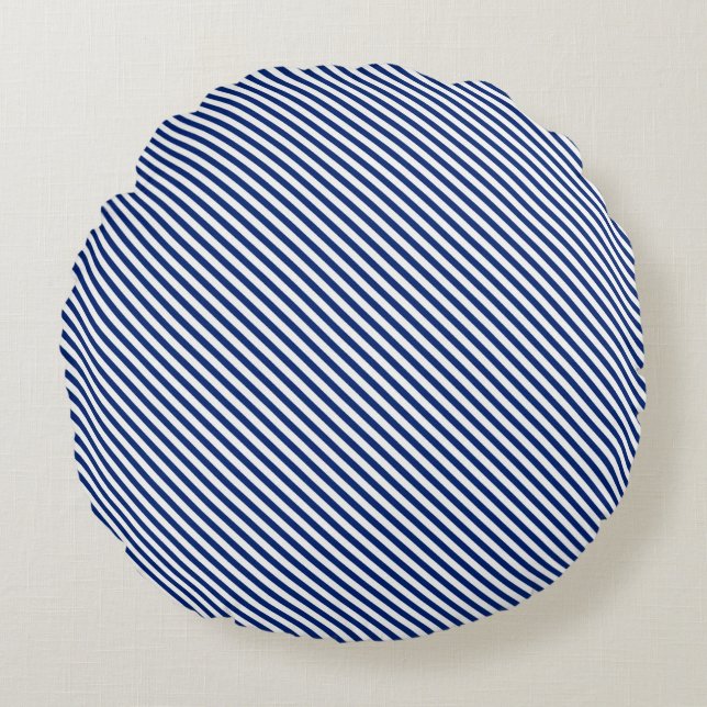 Navy and White Angled Stripes Round Pillow (Front)