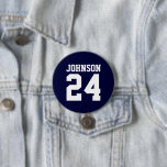 Navy and White Athlete Name Jersey Number 3 Inch Round Button<br><div class="desc">Cheer on your favourite sports team, football player or just show off your school pride with a custom personalized spirit button! Add your school name or personalize with a player's name and jersey number. Perfect for football, basketball, baseball and soccer games! Create custom pins for the whole team, cheerleaders, parents...</div>