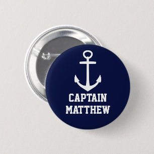 Navy and White Boat Captain Name Tag with Anchor 2 Inch Round Button