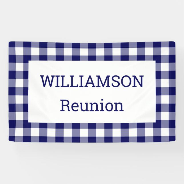 Navy and White Buffalo Check Reunion Party Banner (Horizontal)