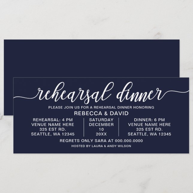 Navy and white Calligraphy Rehearsal Dinner Invitation (Front/Back)