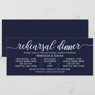 Navy and white Calligraphy Rehearsal Dinner Invitation