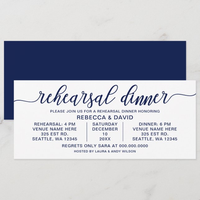 Navy and white Calligraphy Rehearsal Dinner Invitation (Front/Back)