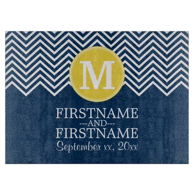 Navy and White Chevron Pattern Custom Monogram Cutting Board (Front)