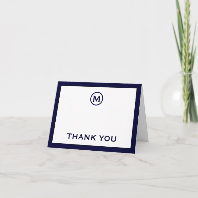 Navy and White Classic Monogram Thank You Note Card (Front)