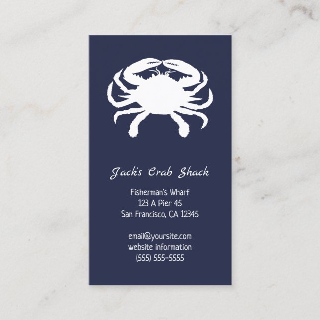 Navy and White Crab Silhouette Seafood Restaurant Business Card (Front)