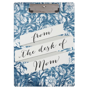Navy and White Denim Damask Shabby Chic Print Clipboard