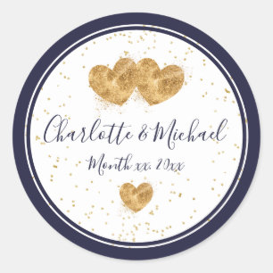 Navy and White, Elegant Golden Hearts Wedding Classic Round Sticker