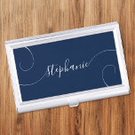 Navy and White Elegant Script Curly Name Business Card Holder<br><div class="desc">An elegant signature style script name design with extra curly tails.
You can customize the navy or dark blue and white colours.
Customize the font size or move it as needed for longer or shorter names.
Create your own business card case for her.</div>