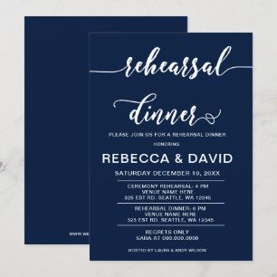Navy and White Elegant Script Rehearsal Dinner Invitation