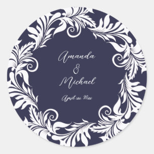 Navy and White Elegant Style Wedding Classic Round Sticker