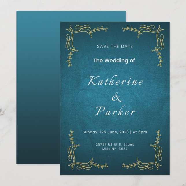Navy and White Elegant Wedding Invitation Portrait (Front/Back)