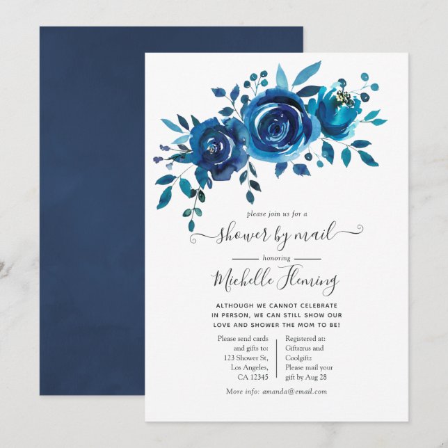 Navy and White Floral Baby Shower by Mail Invitation (Front/Back)