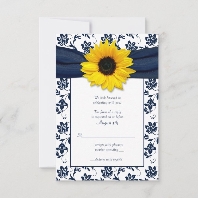 Navy and White Floral Damask Wedding Reply Card (Front)