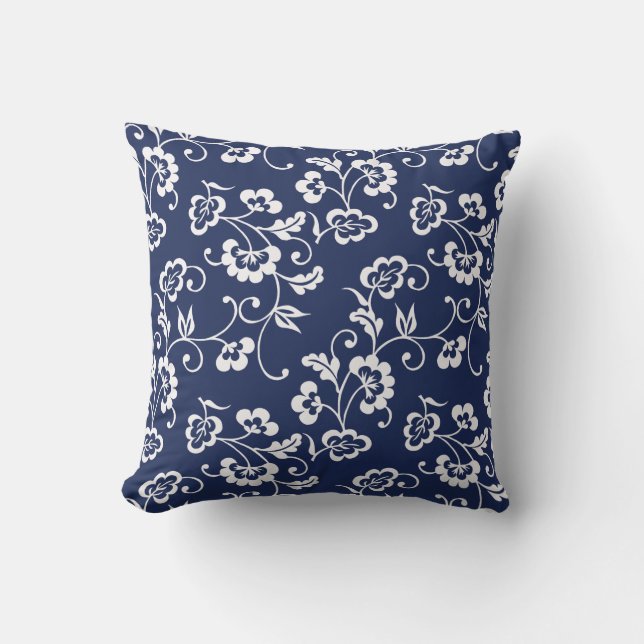 Navy and White Floral Pattern Throw Pillow (Front)