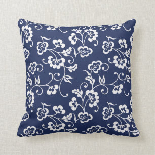 Navy and White Floral Pattern Throw Pillow