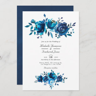 Navy and White Floral QR Code RSVP Garden Wedding Invitation