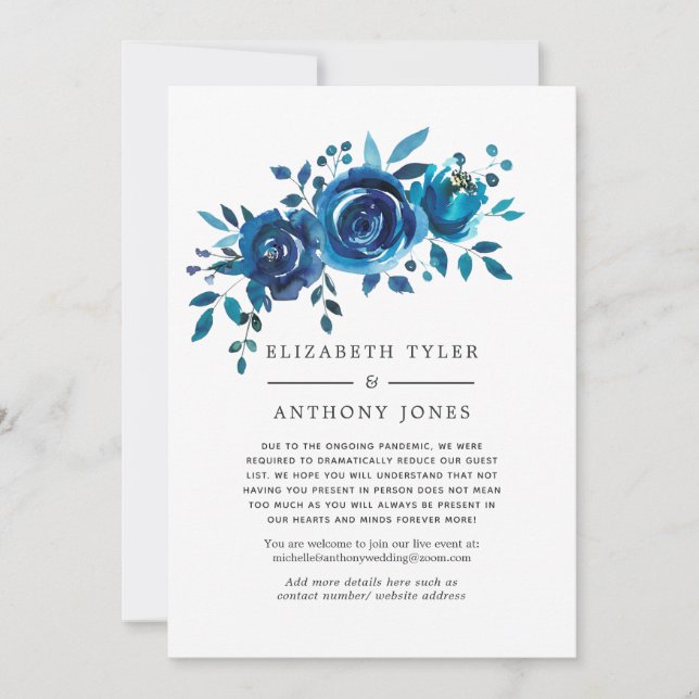 Navy and White Floral Reduced Wedding Guest List Announcement (Front)