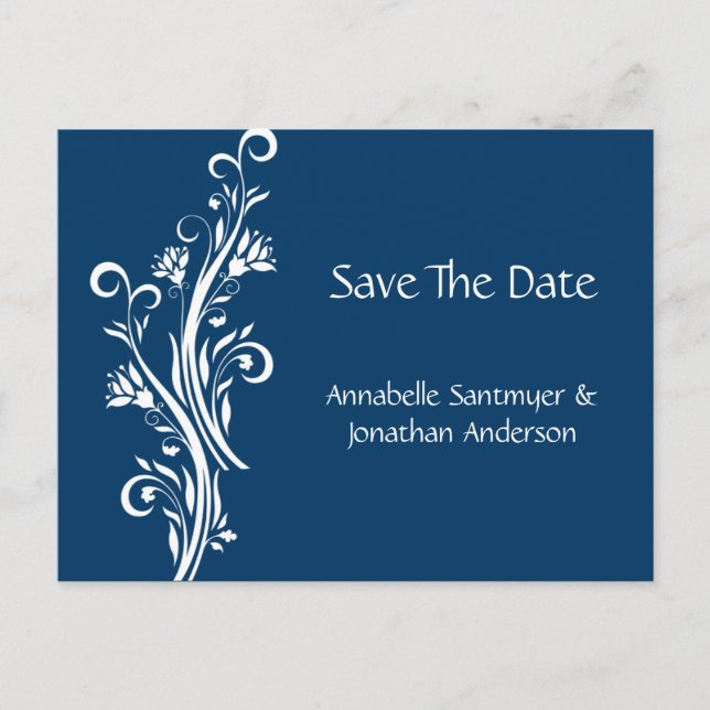 Navy and White Floral Save The Date Announcement Postcard (Front)