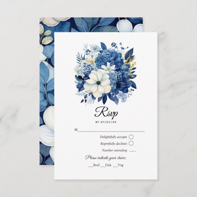 Navy and White Floral Wedding RSVP Card (Front/Back)