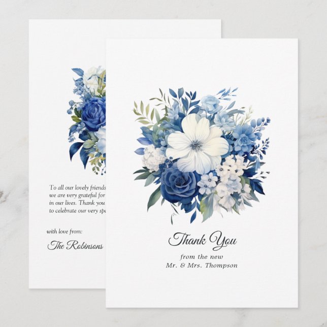 Navy and White Floral Wedding Thank You Card (Front/Back)