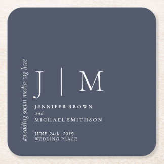 Navy and White Formal Simple Elegant Wedding Square Paper Coaster