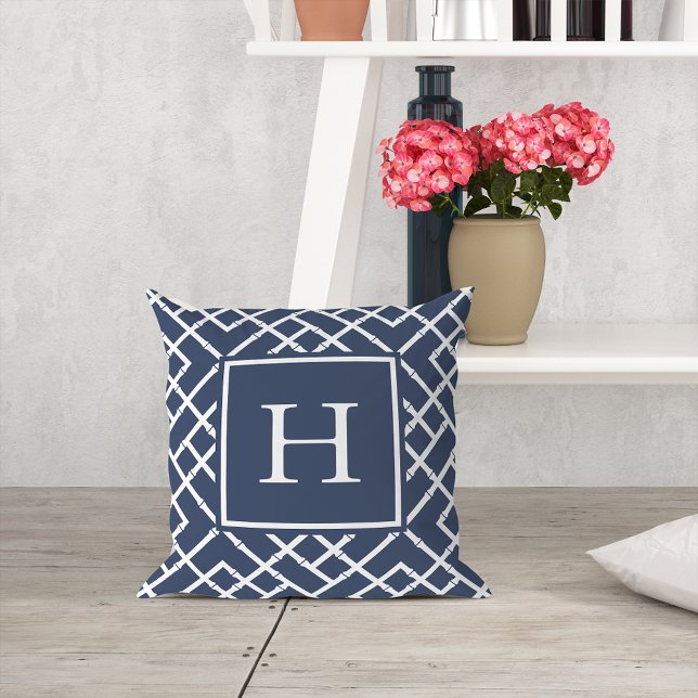 Navy and White Geometric Bamboo Lattice Monogram Throw Pillow (Creator Uploaded)
