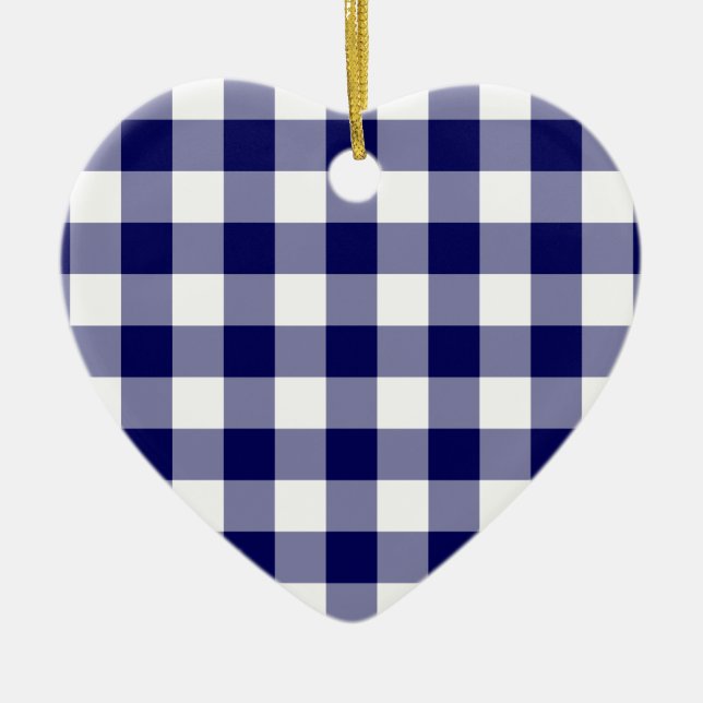 Navy and White Gingham Pattern Ceramic Ornament (Front)
