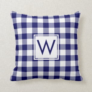 Navy and White Gingham Pattern, Custom Monogram Throw Pillow