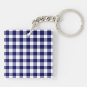 Navy and White Gingham Pattern Keychain