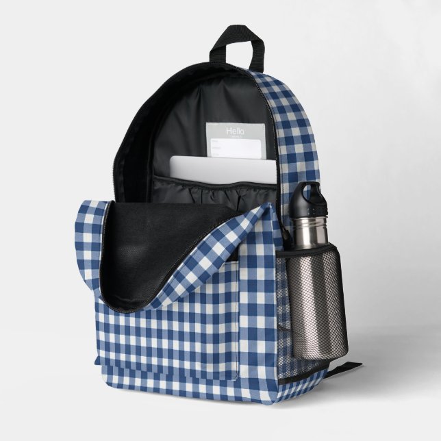 Navy and White Gingham Printed Backpack (Back Corner Right (Open))