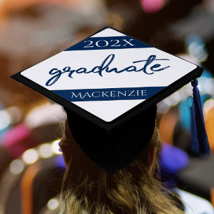 Navy and White Graduate   Modern Dark Blue Brush Graduation Cap Topper