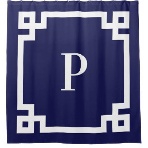 Navy and White Greek Key Bold Border Monogram