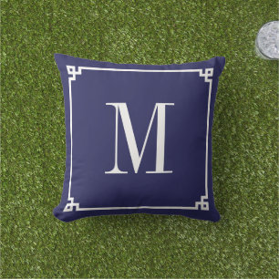 Navy and White Greek Key Border Monogrammed Outdoor Pillow