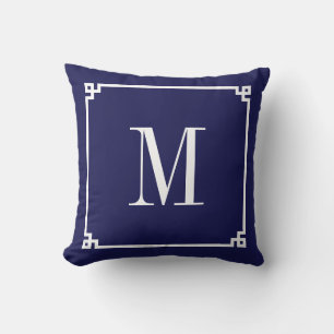 Navy and White Greek Key Border Monogrammed Throw Pillow