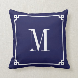 Navy and White Greek Key Border Monogrammed Throw Pillow