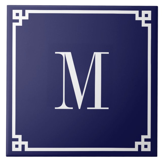 Navy and White Greek Key Border Monogrammed Tile (Front)