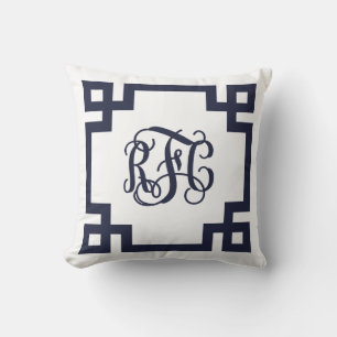 Navy and White Greek Key Script Monogram Throw Pillow