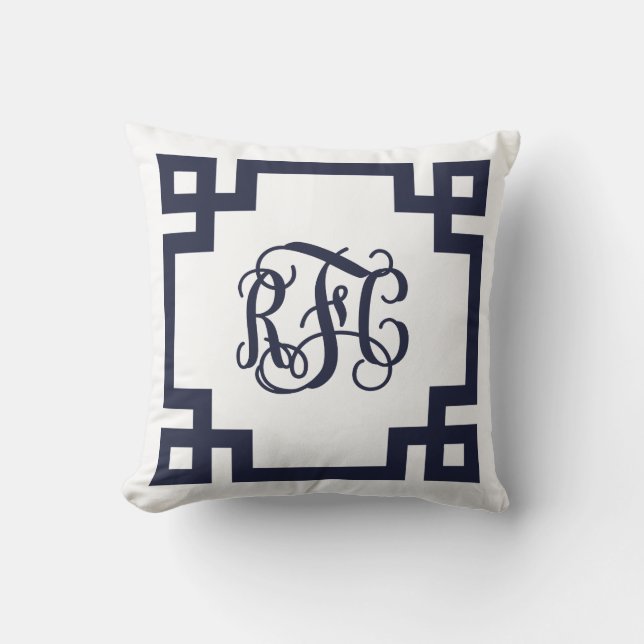 Navy and White Greek Key Script Monogram Throw Pillow (Front)