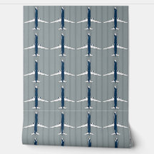 Navy and White Jet Pattern on Subtle Striped Grey 