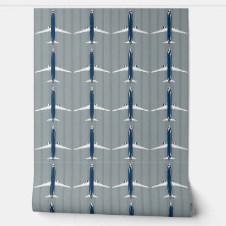 Navy and White Jet Pattern on Subtle Striped Grey  Wallpaper