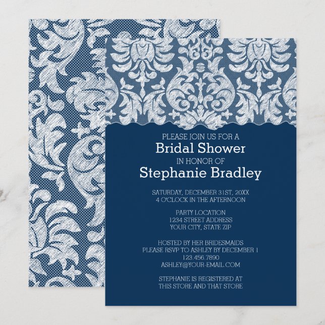 Navy and White Lace Damask Pattern Bridal Shower Invitation (Front/Back)