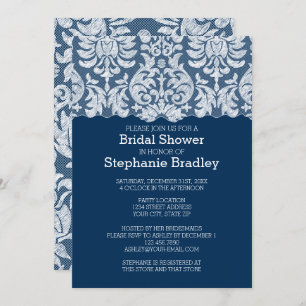 Navy and White Lace Damask Pattern Bridal Shower Invitation