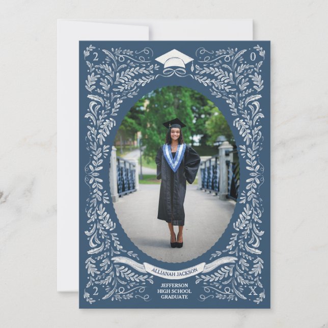 Navy and White Leaf-Bordered Graduation Invitation (Front)