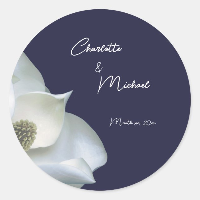 Navy and White Magnolia Elegant Wedding Classic Round Sticker (Front)