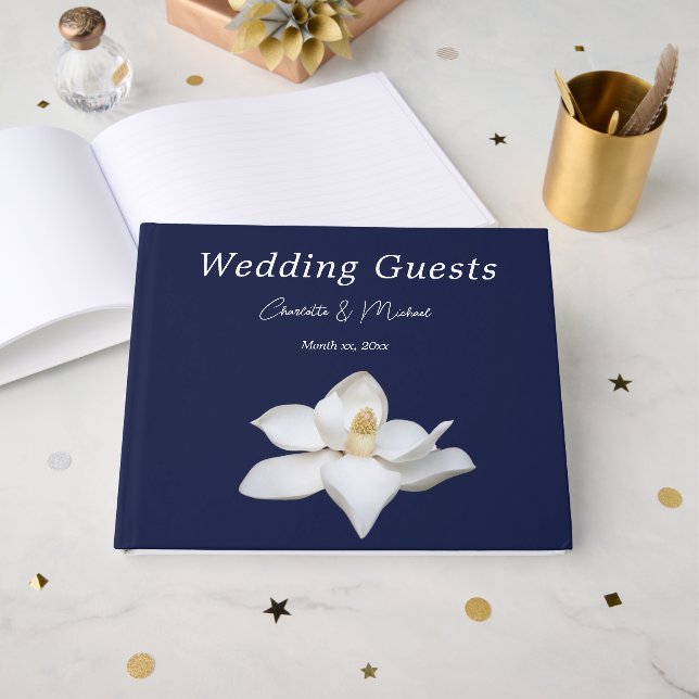 Navy and White Magnolia Elegant Wedding Guest Book (Front Open)