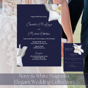 Navy and White Magnolia, Elegant Wedding Invitation