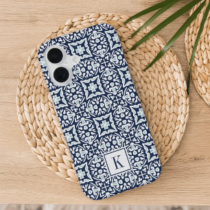 Navy and White Mediterranean Pattern Monogram iPhone 16 Case