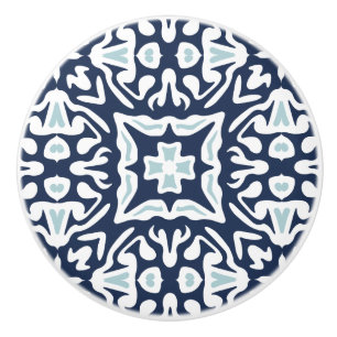 Navy and White Mediterranean Tile Pattern Ceramic Knob